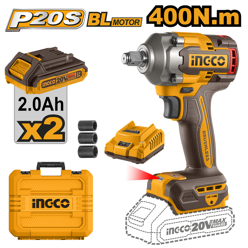 İngco 2040E Akülü Somun Sıkma 1/2'' 400 Newton  20Volt-2,0Ah