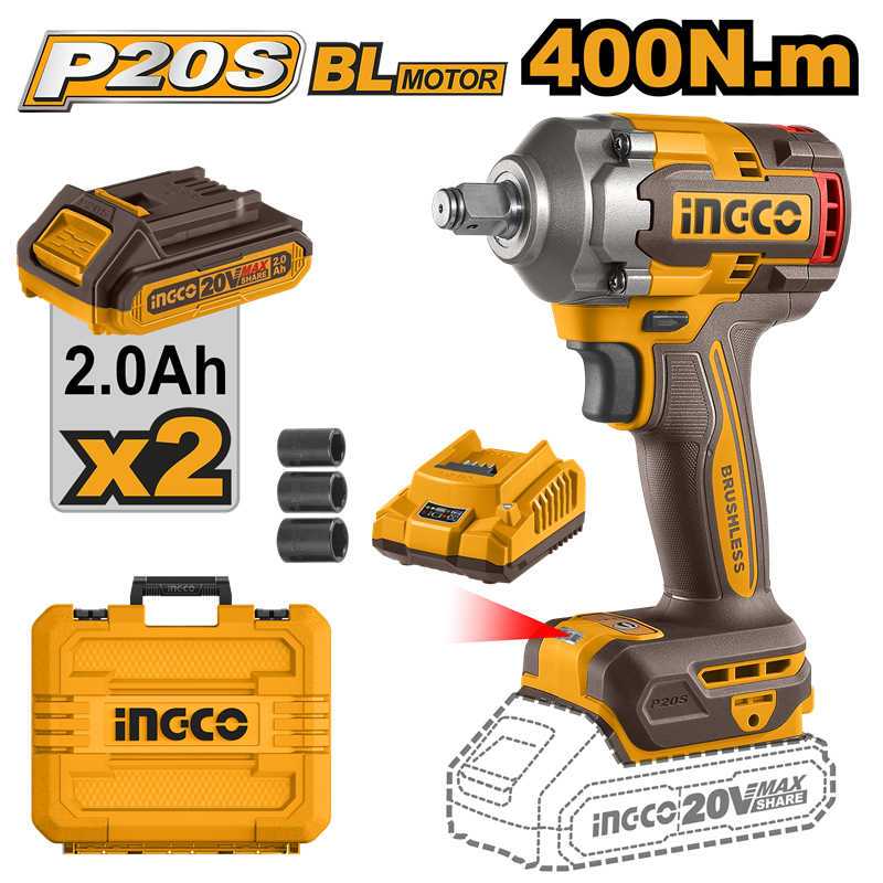 İngco 2040E Akülü Somun Sıkma 1/2'' 400 Newton  20Volt-2,0Ah