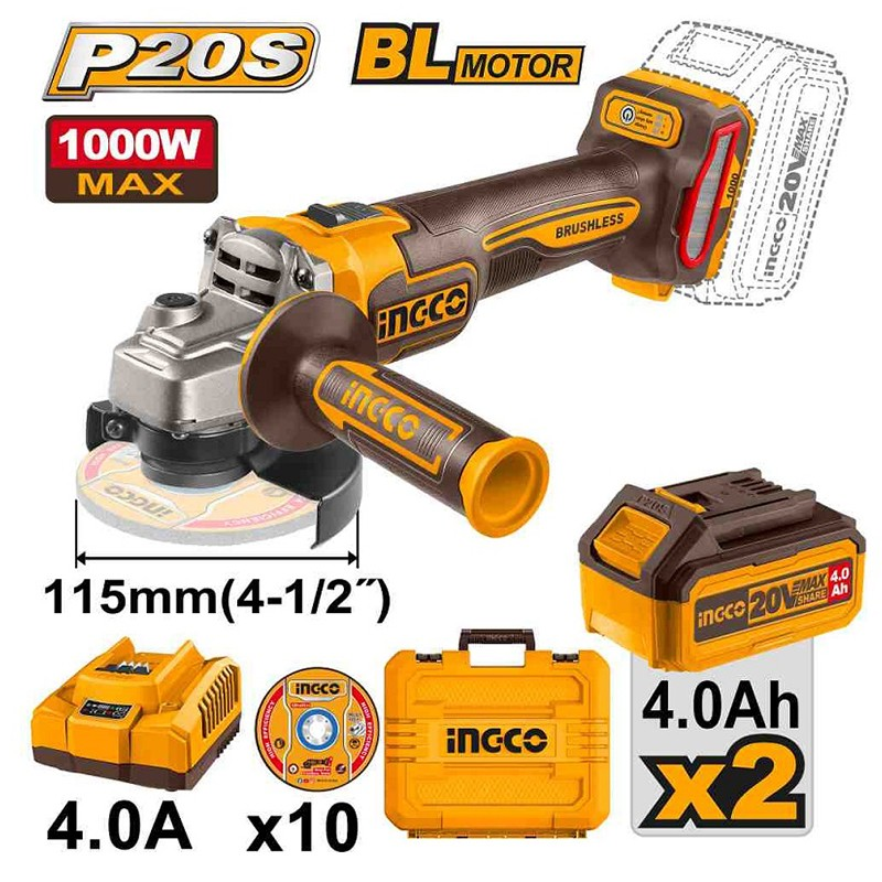 İngco 271532E Akülü Avuç Taşlama 115mm  20 Volt-4,0 Ah Çift Akülü