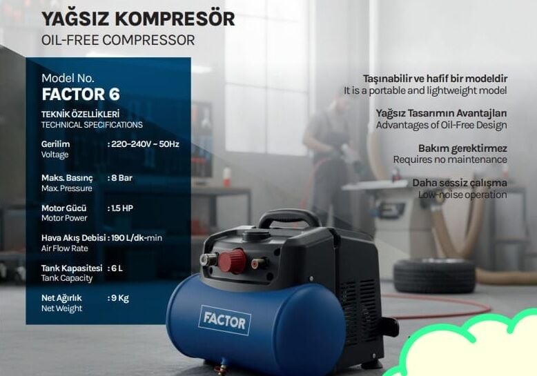 Factor Yağsız Hava Kompresörü 6 Litre
