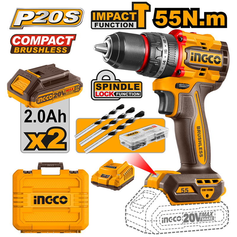 İngco 20558E  Li-ion Şarjlı Darbeli Matkap 20 Volt - 2,0 Amper