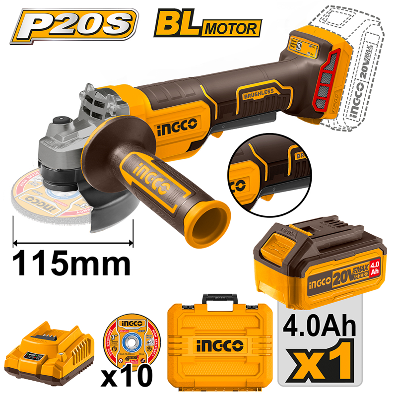 İngco 2111561 Akülü Avuç Taşlama 115mm  20 Volt-4,0 Ah Tek Akülü